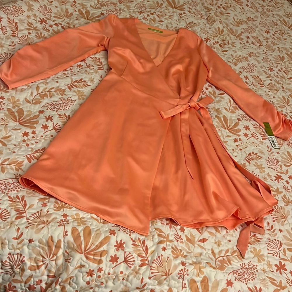 Gianni Bini Papaya Kellan Satin V Neck Tie Waist Wrap Dress  Size 4 New